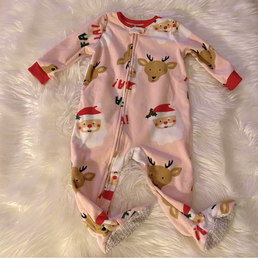 NWOT Carter’s Girl’s Pink Baby Santa Zip-Up Fleece Sleep & Play